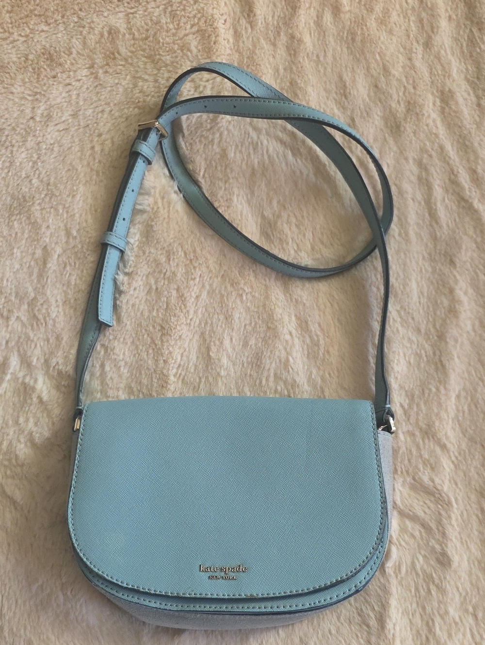 kate spade light blue leather crossbody saddle bag with adjustable strap